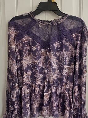 Maurices Purple Floral Lace Yoke Peplum Blouse